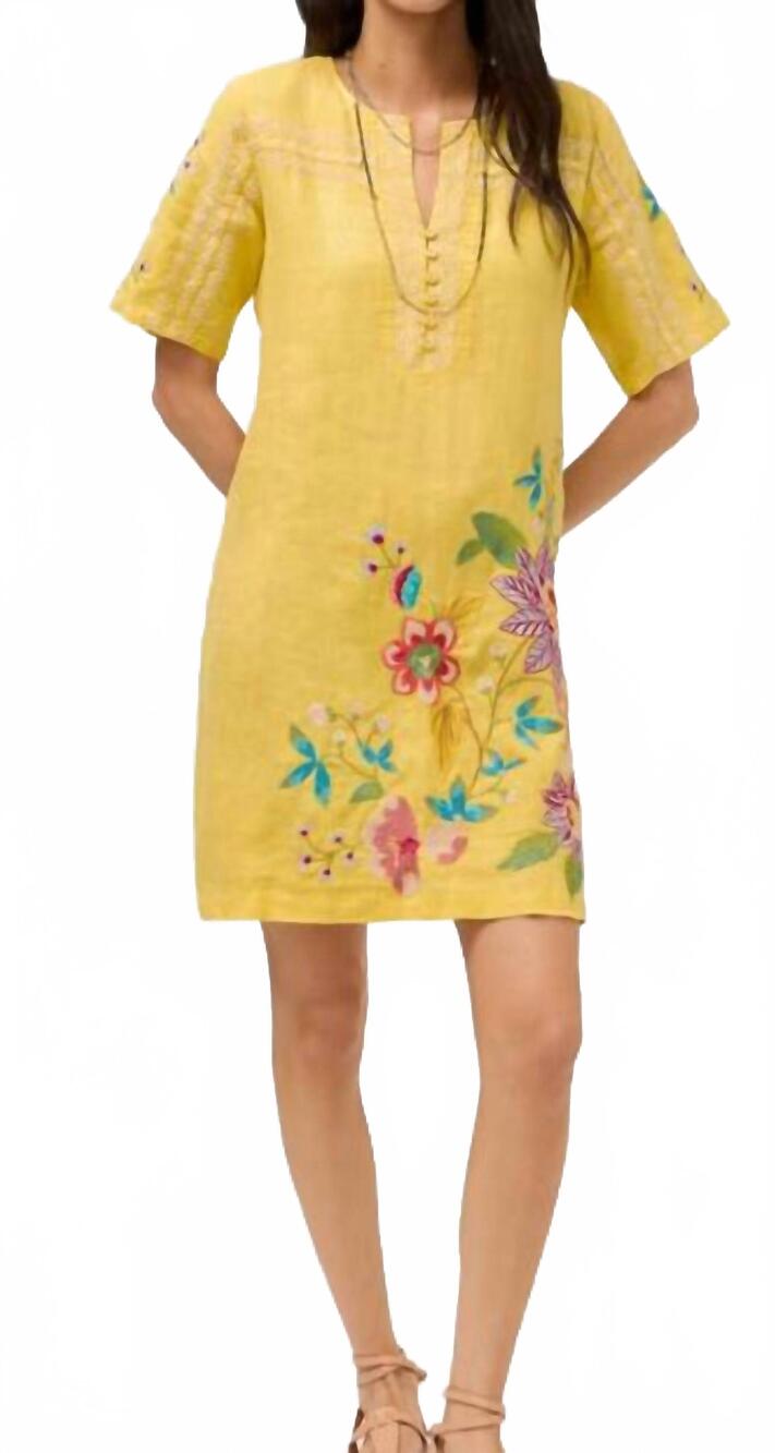 NEW JOHNNY WAS seamed button neck linen dress in yellow
